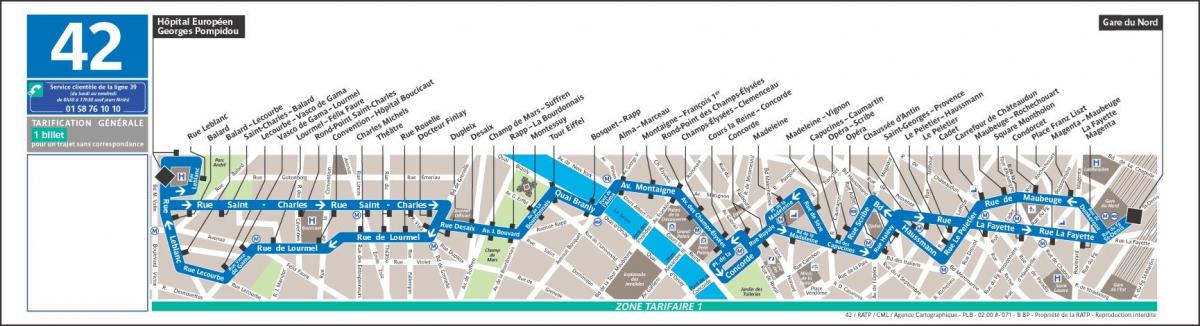 Map of bus 42 Paris route