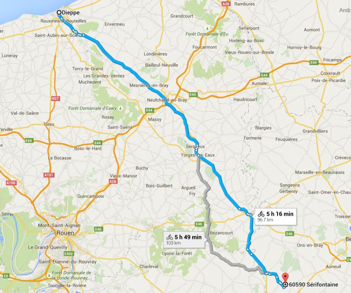 Dieppe to Paris cycle route map Map of dieppe to Paris cycle route