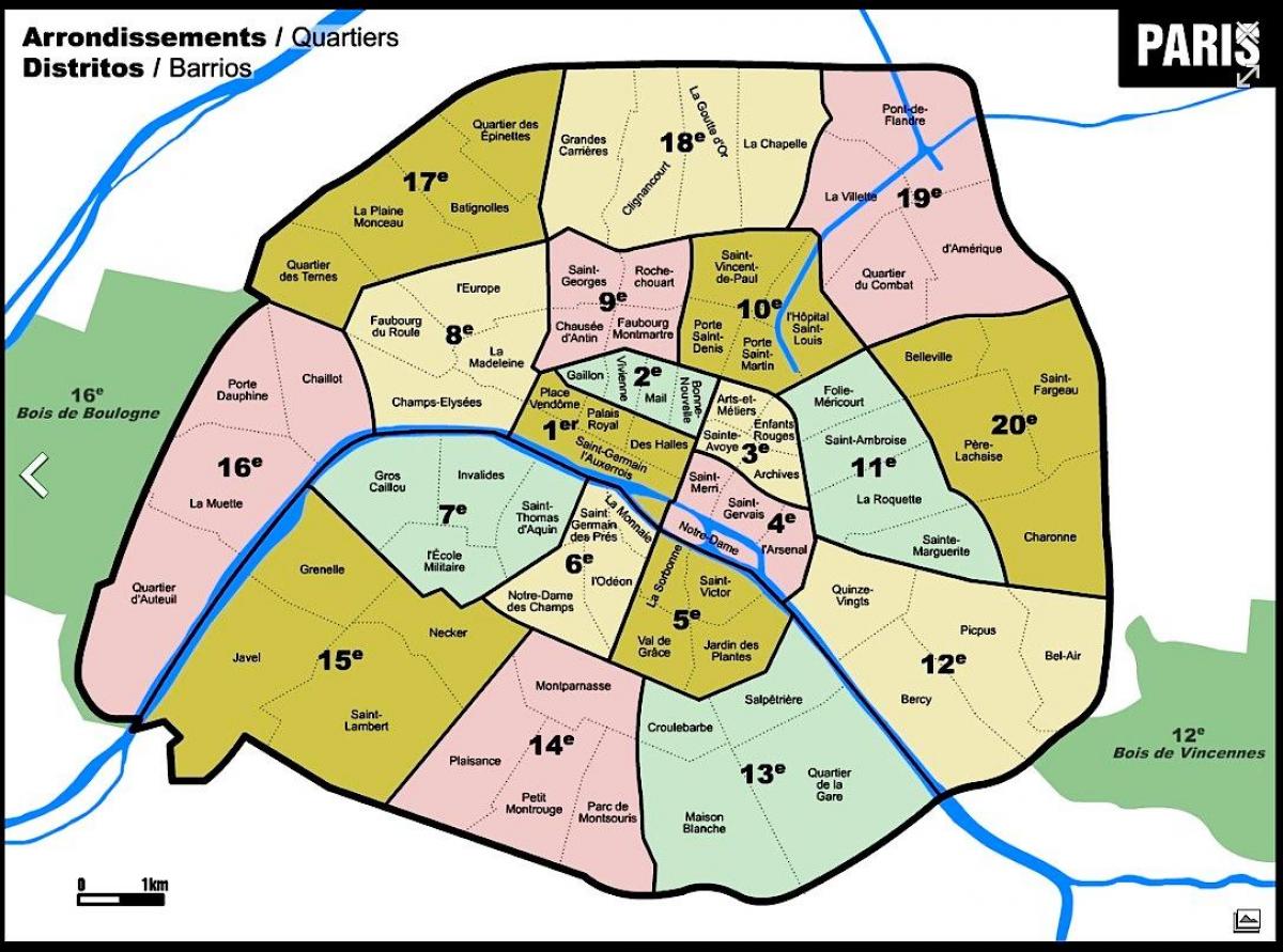 Map of  Paris with arrondissement areas